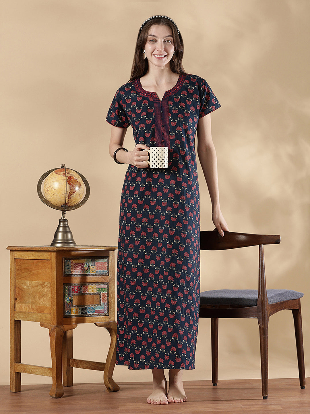 Indigo Floral Print Pure Cotton Summer Night Dress for Women Cotton / M/40 Indigo Floral Print Pure Cotton Summer Night Dress for Women Cotton / M/40