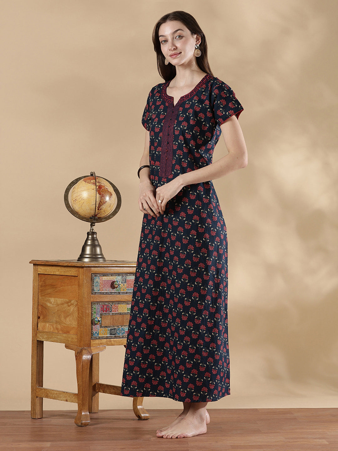Indigo floral print pure cotton floral night dress for women