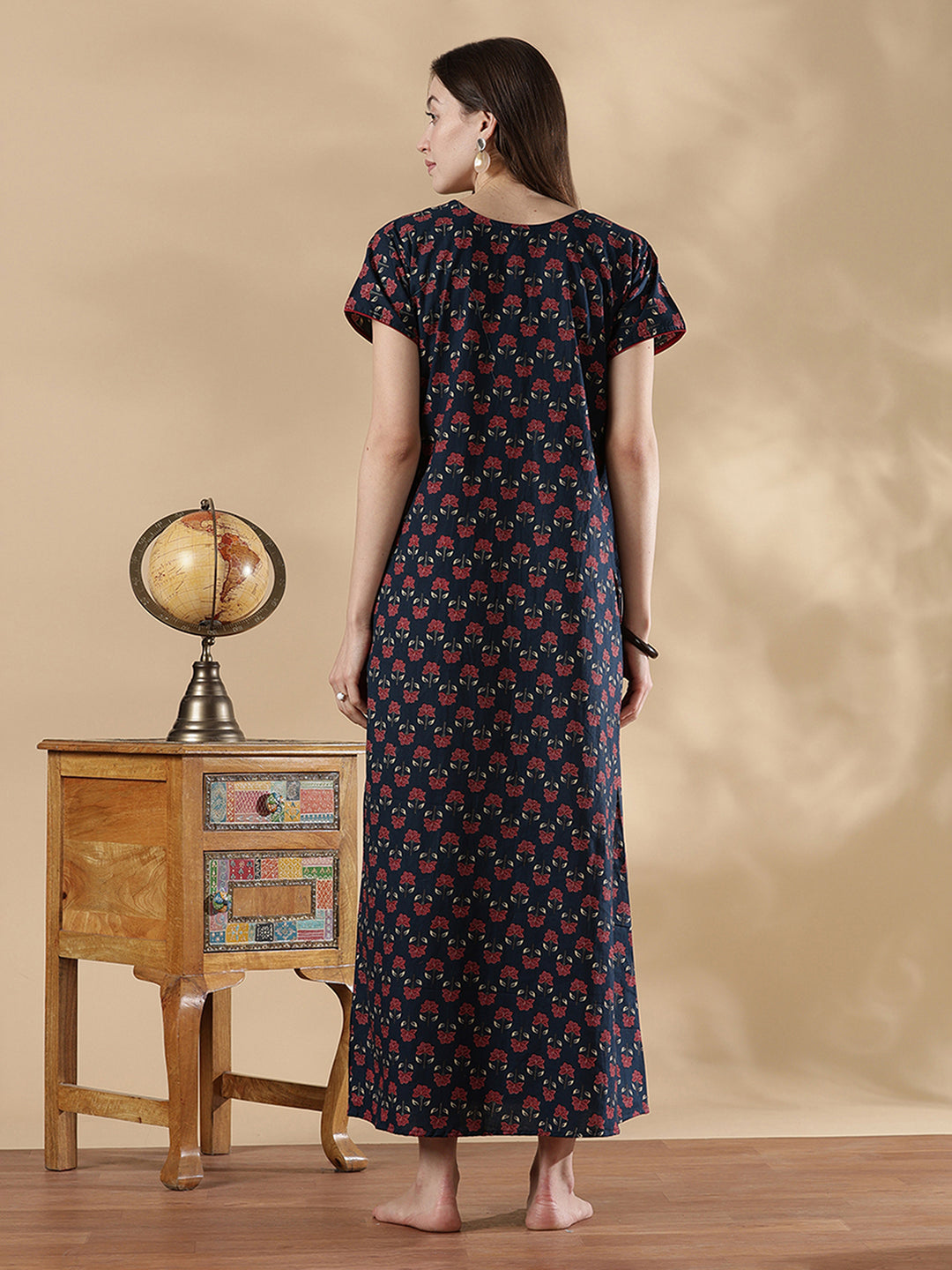 Indigo floral print pure cotton floral night dress for women