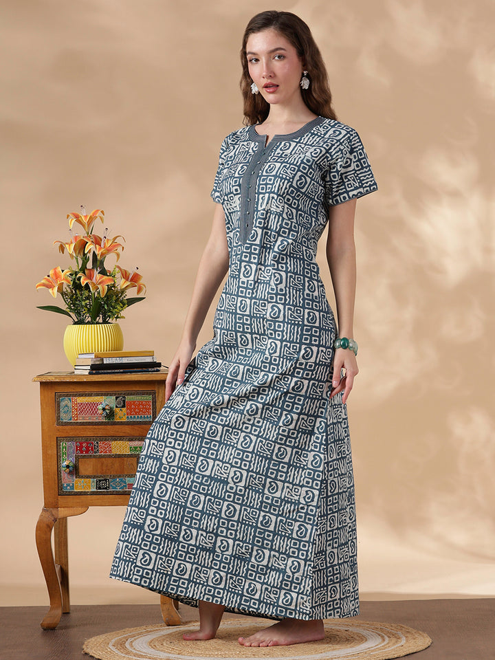 indigo cotton nightgown for women in batik print