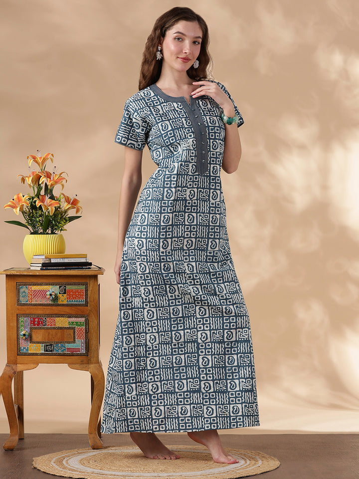 indigo cotton nightgown for women in batik print