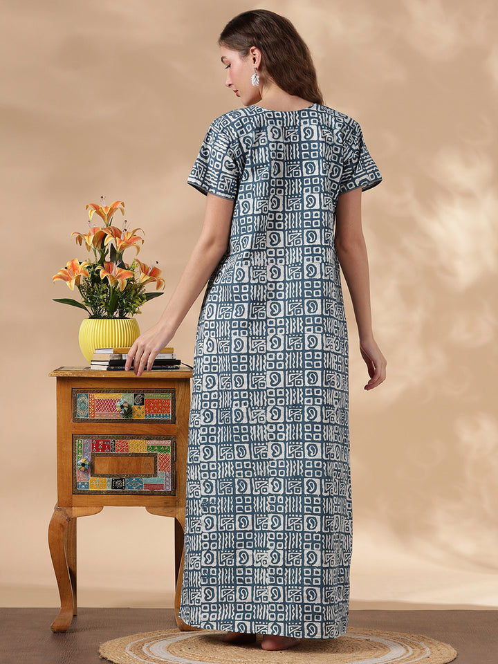 indigo cotton nightgown for women in batik print