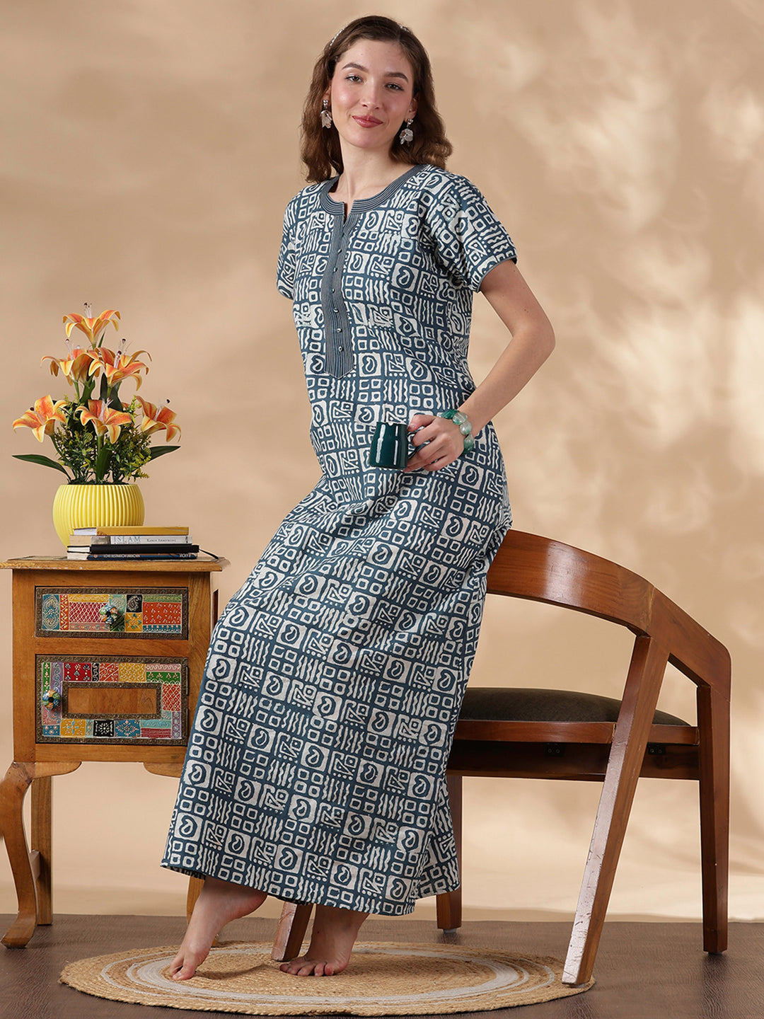 indigo cotton nightgown for women in batik print