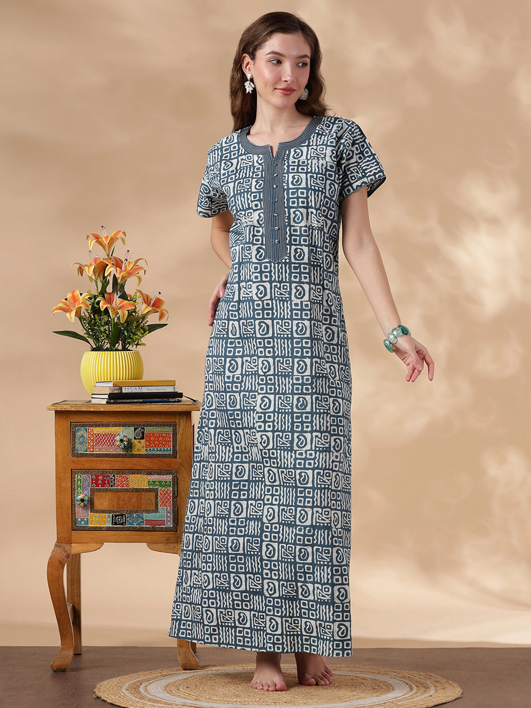 indigo cotton nightgown for women in batik print