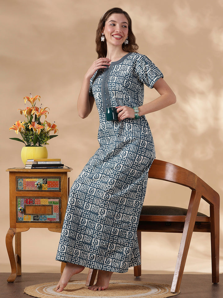 indigo cotton nightgown for women in batik print