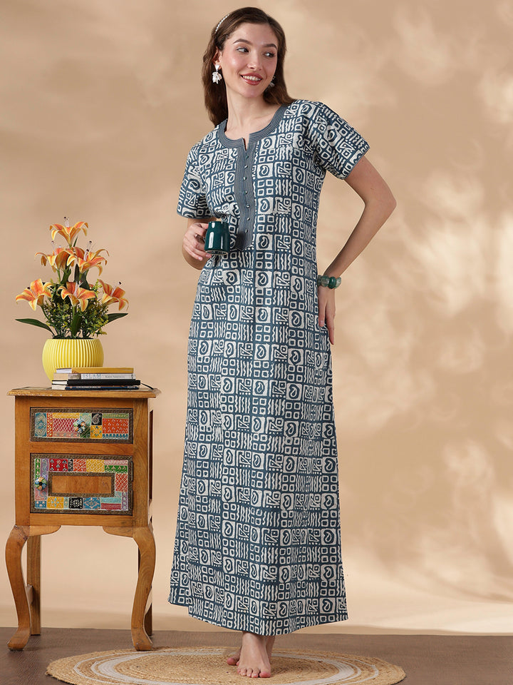 indigo cotton nightgown for women in batik print