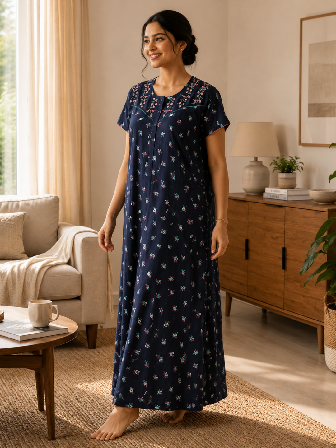 Ink blue floral cotton blend comfortable nighty online