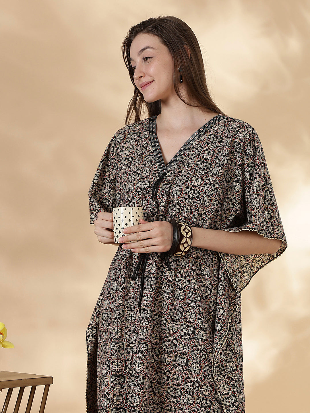 Ajrakh ebony pure cotton kaftan night dress for women