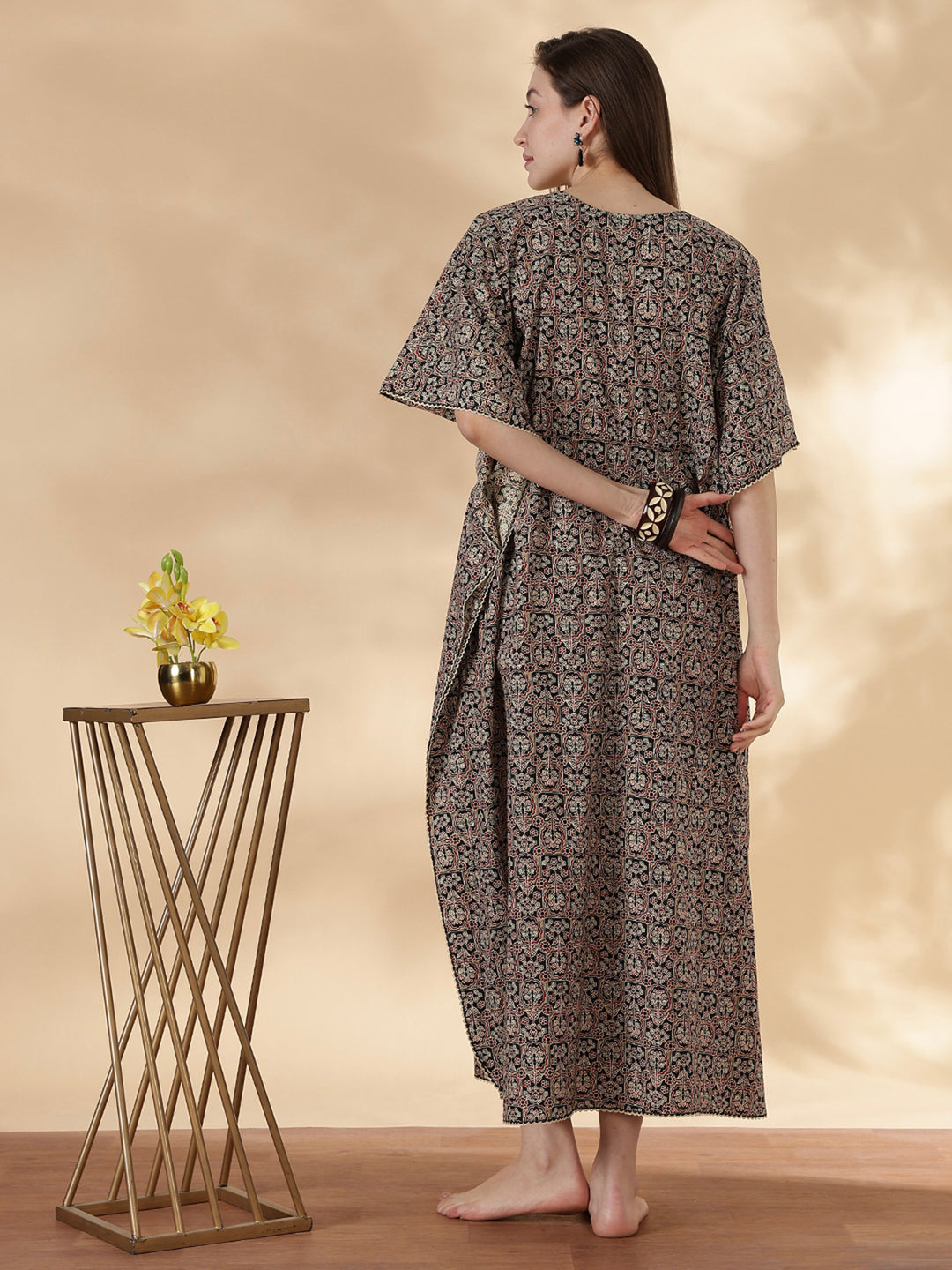 Shop Ajrakh Ebony Pure Cotton Kaftan Night Dress For Women – 9shines label Shop Ajrakh Ebony Pure Cotton Kaftan Night Dress For Women – 9shines label