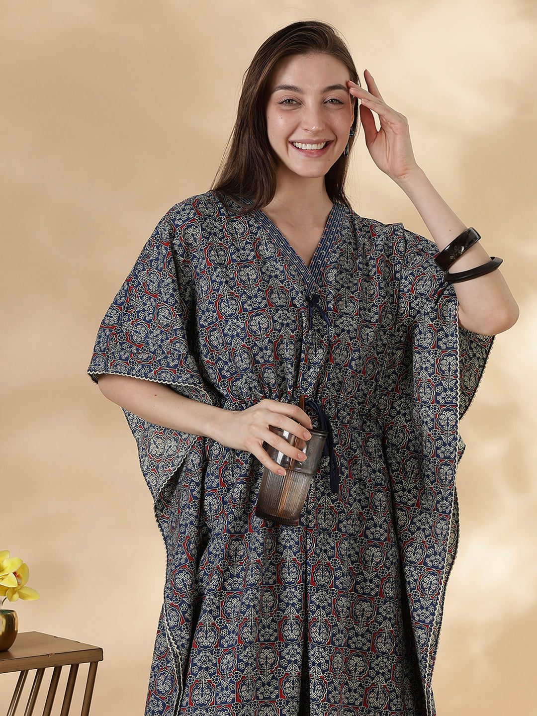 Ajrakh indigo 100% pure cotton kaftan nighty for women