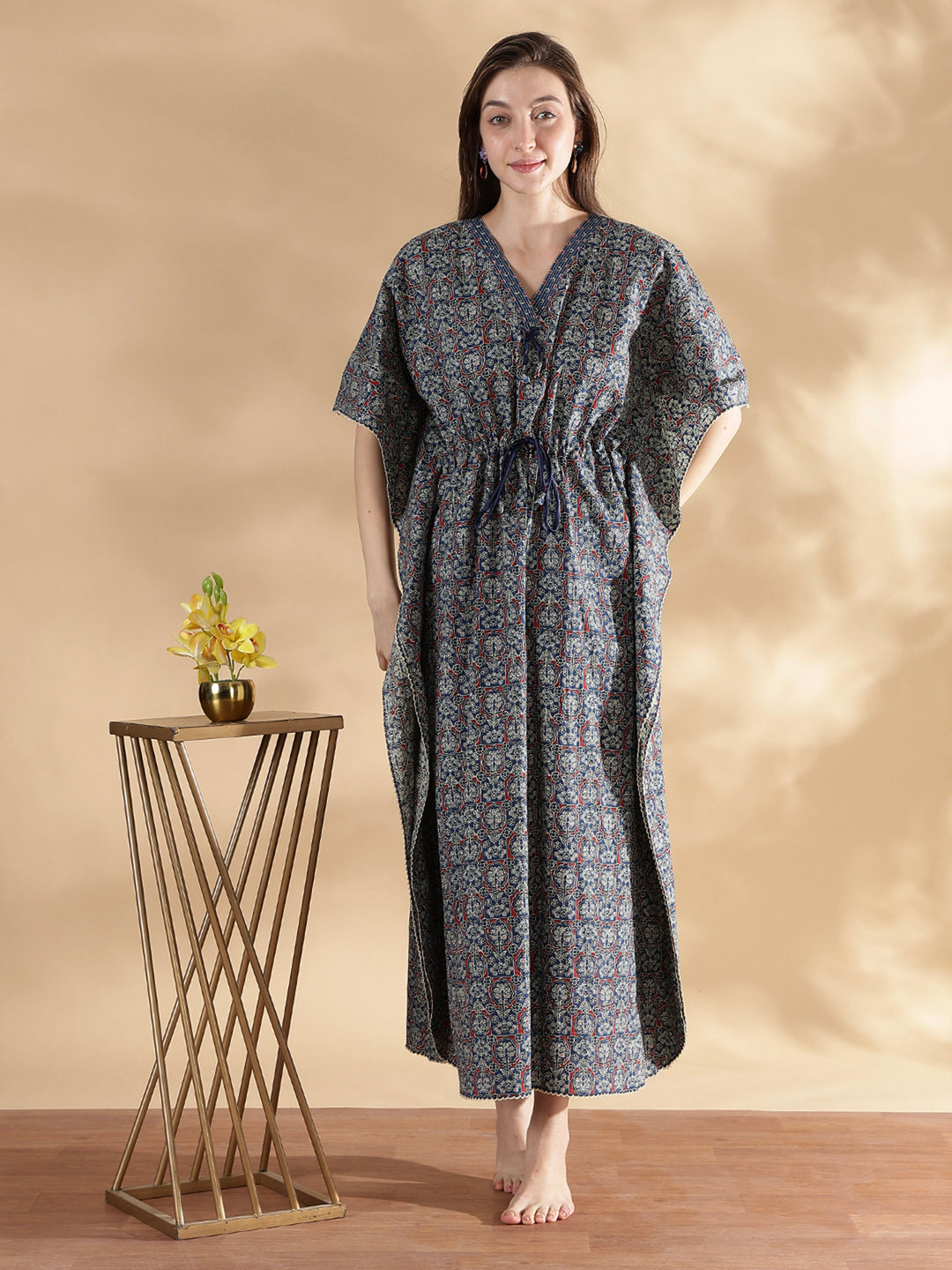 Ajrakh indigo 100% pure cotton kaftan nighty for women