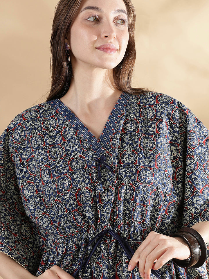 Ajrakh indigo 100% pure cotton kaftan nighty for women
