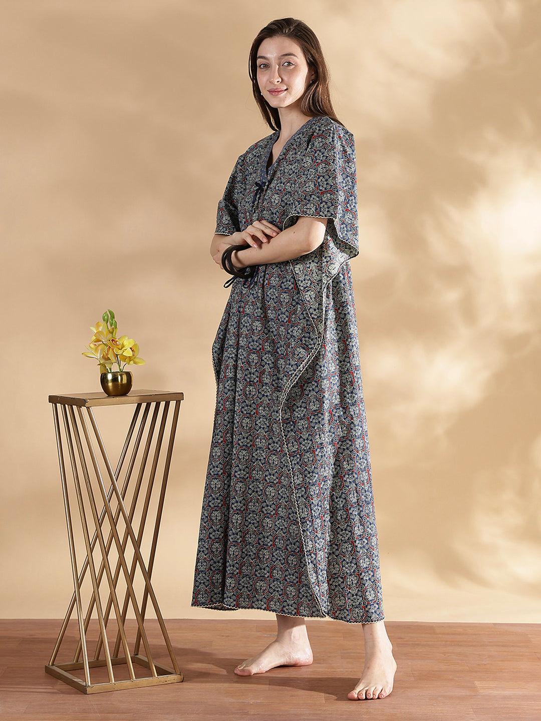 Buy Ajrakh Indigo 100% Pure Cotton Kaftan Nighty For Women Cotton / L