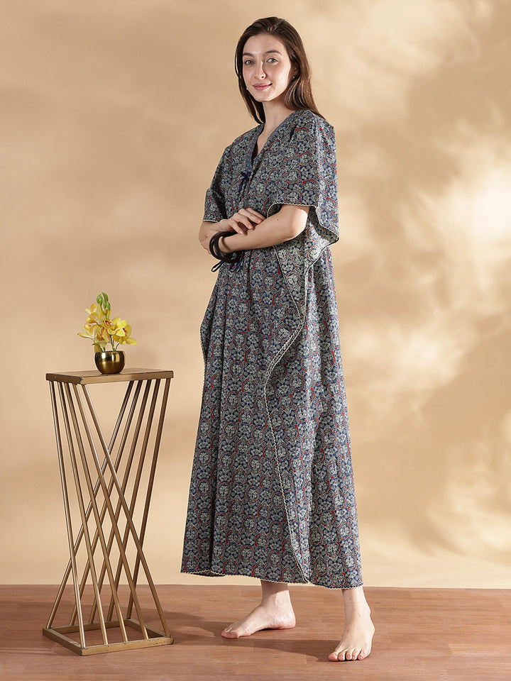 Ajrakh indigo 100% pure cotton kaftan nighty for women