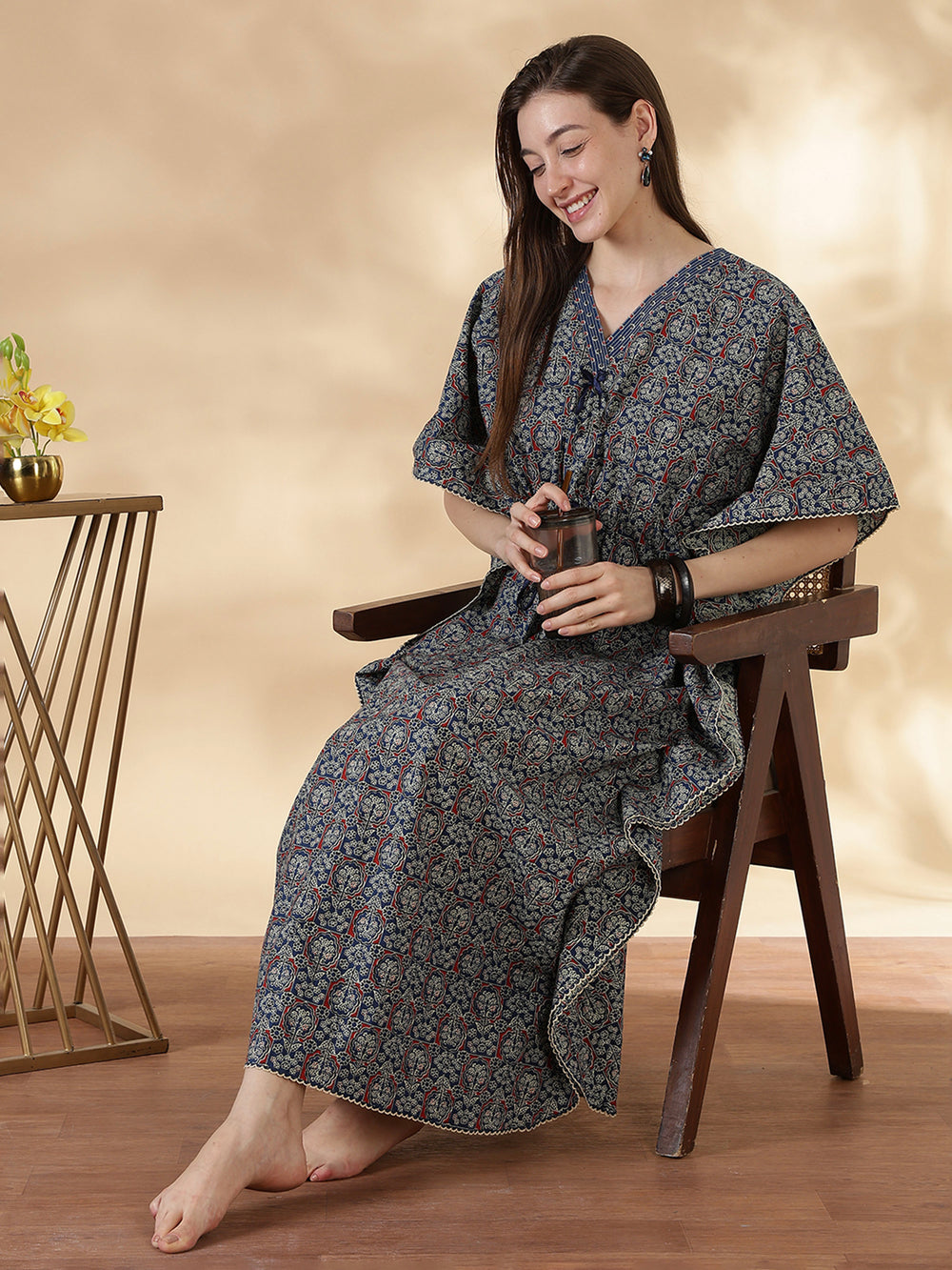 Ajrakh indigo 100% pure cotton kaftan nighty for women