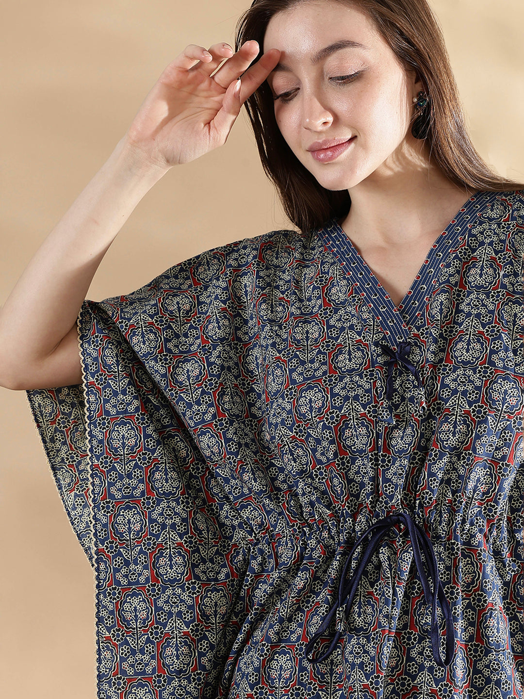 Ajrakh indigo 100% pure cotton kaftan nighty for women