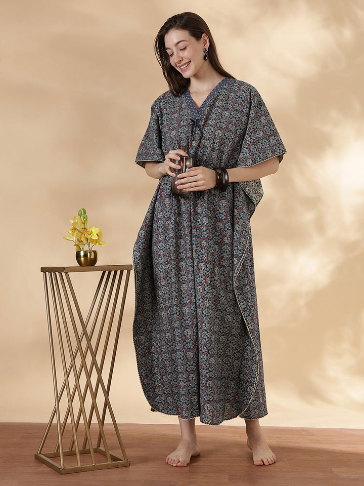 Ajrakh indigo 100% pure cotton kaftan nighty for women