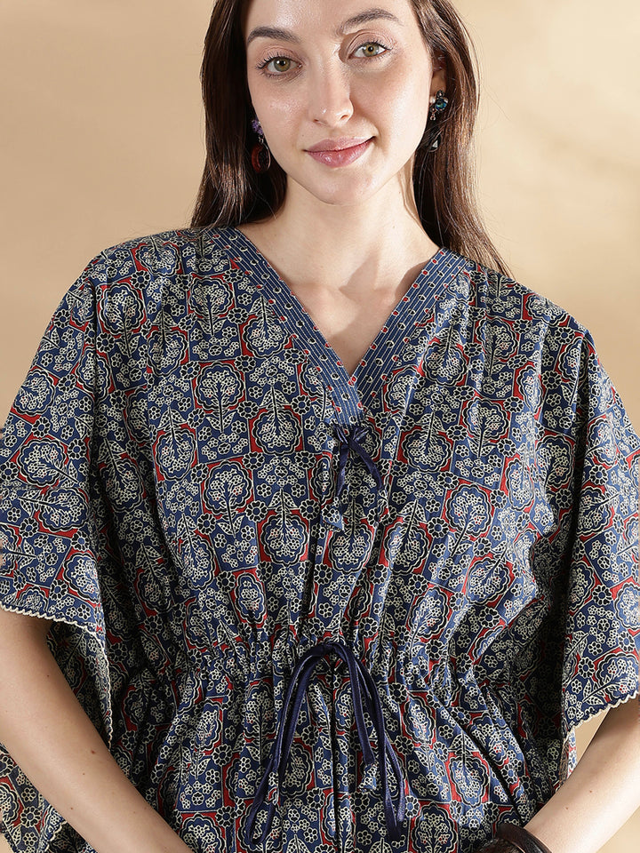 Ajrakh indigo 100% pure cotton kaftan nighty for women