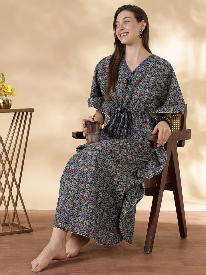 Ajrakh indigo 100% pure cotton kaftan nighty for women