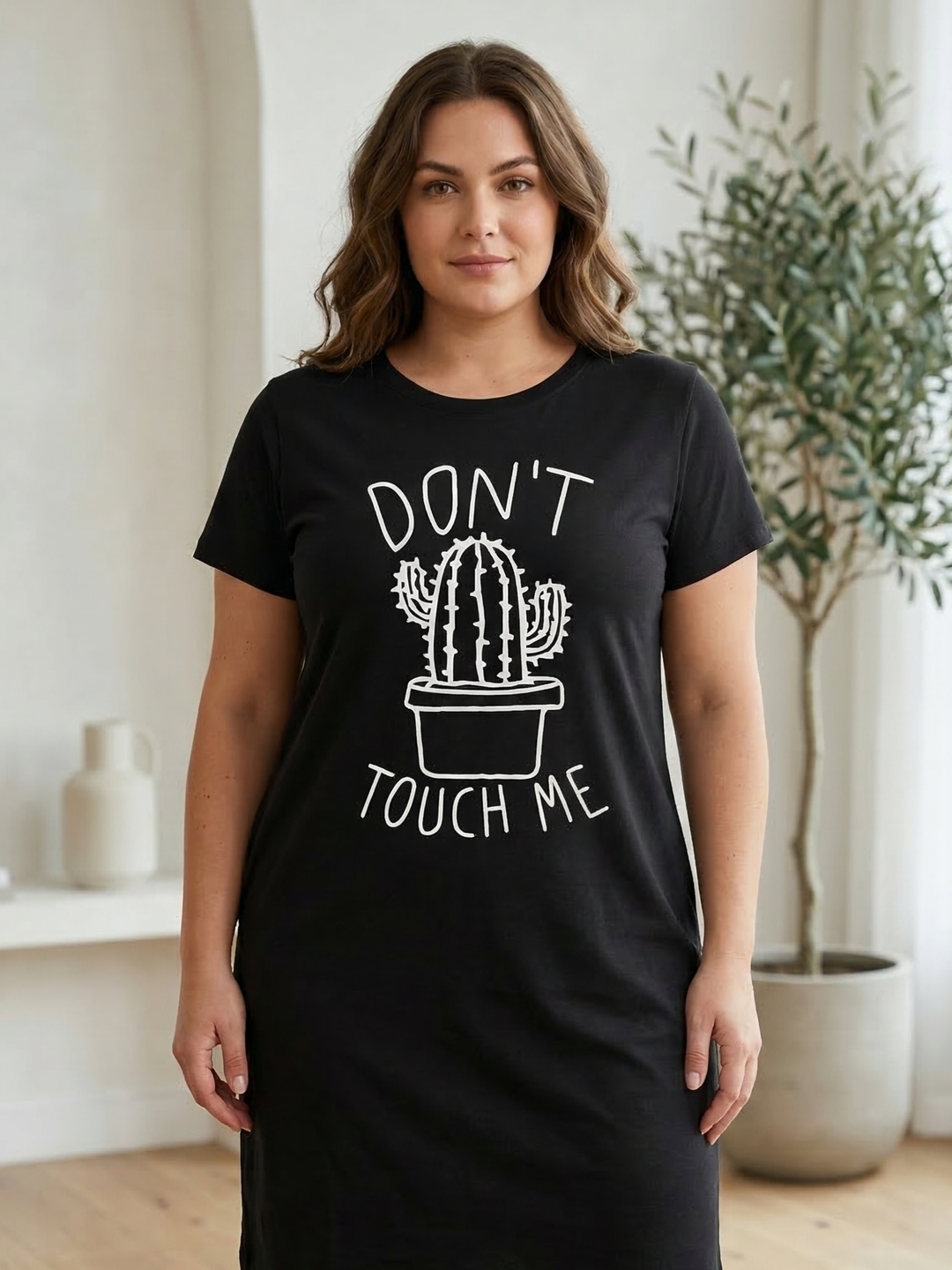 Black cotton knee length short night dress for women