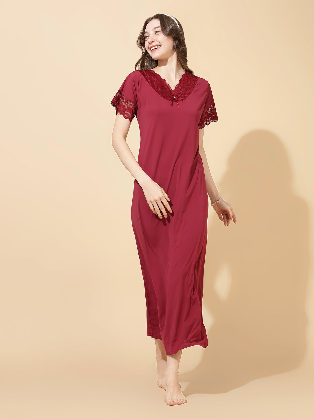 Royal maroon soft malai modal lace night dress for women