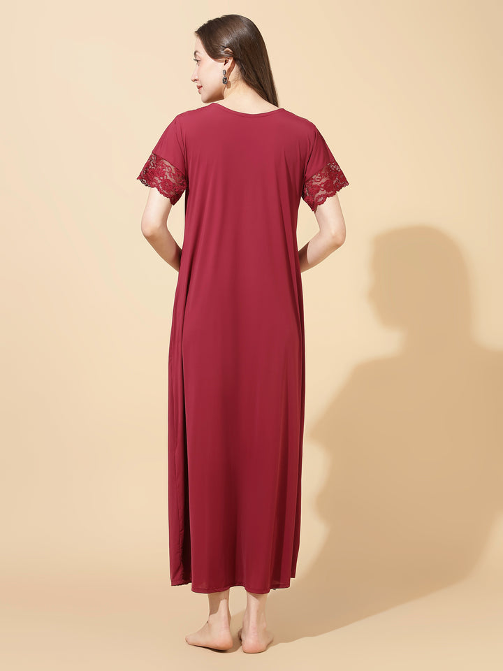 Royal maroon soft malai modal lace night dress for women