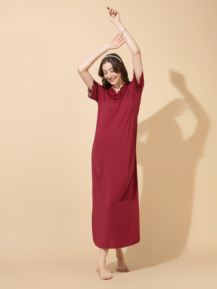 Royal maroon soft malai modal lace night dress for women