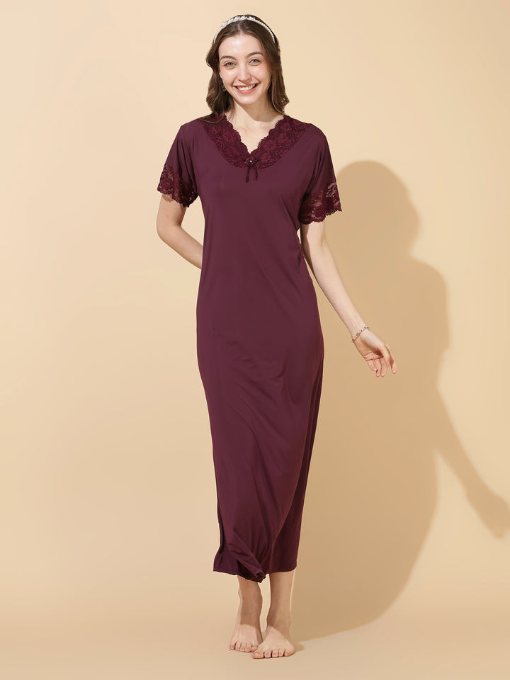 Royal wine malai modal designer lace night dress for women