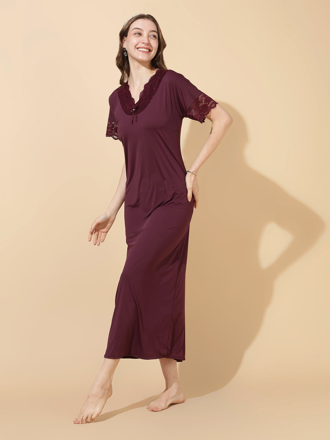 Royal wine malai modal designer lace night dress for women