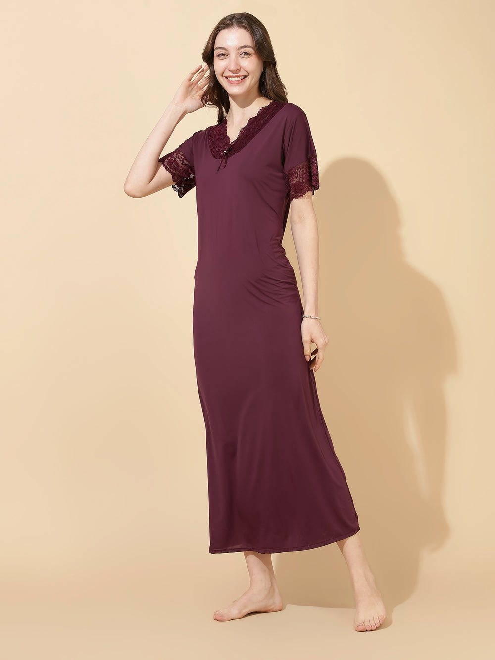 Royal wine malai modal designer lace night dress for women