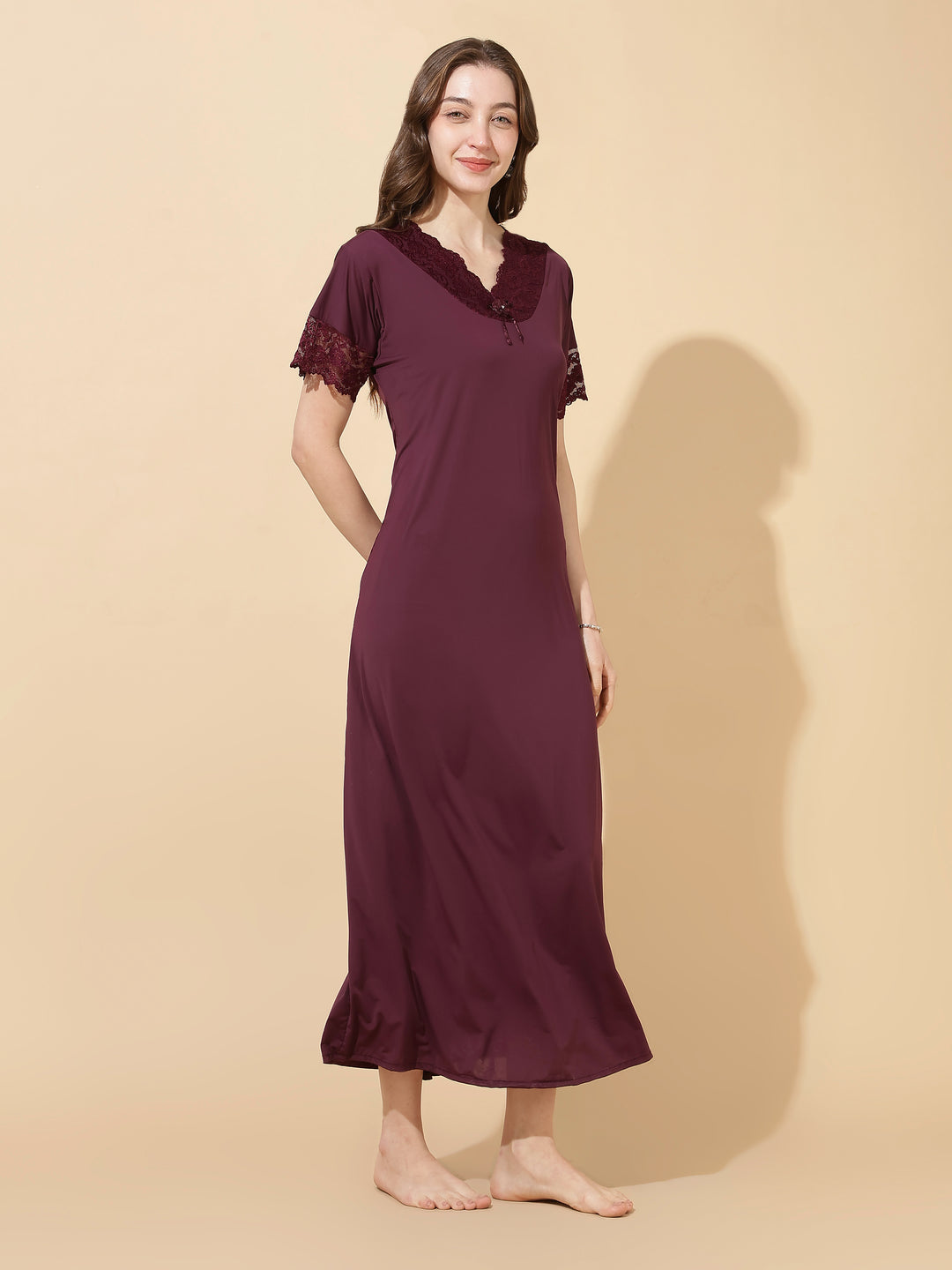 Royal wine malai modal designer lace night dress for women