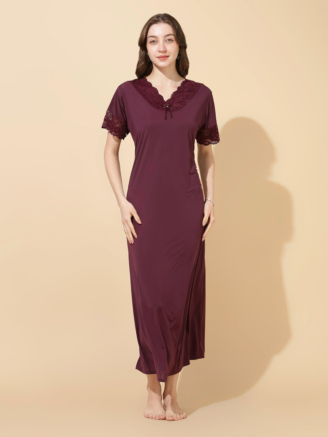 Royal wine malai modal designer lace night dress for women