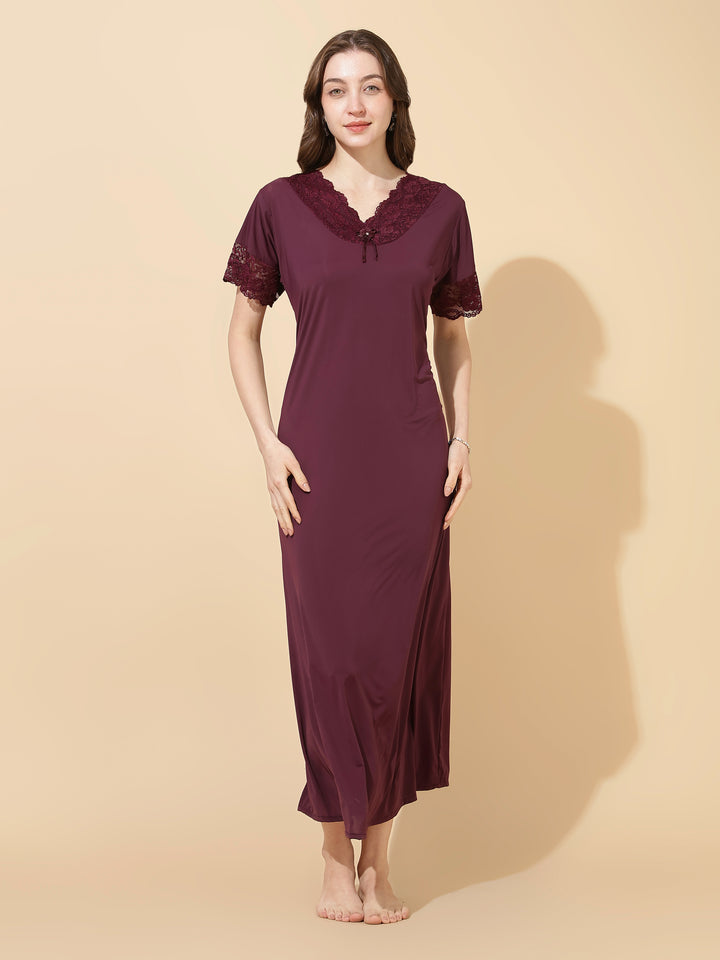 Royal wine malai modal designer lace night dress for women
