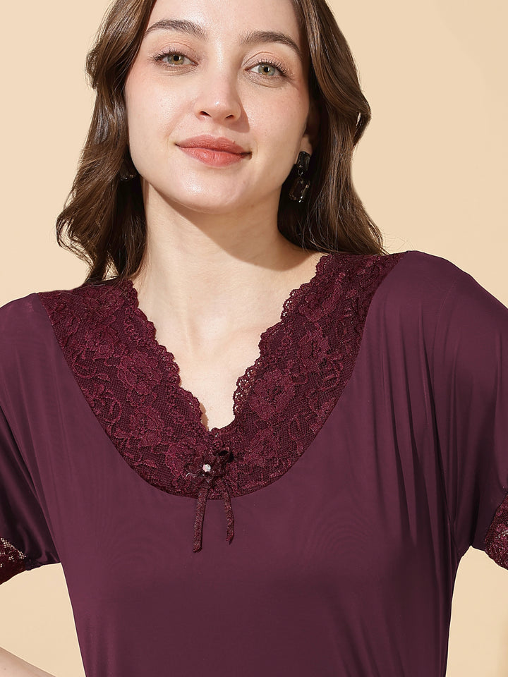 Royal wine malai modal designer lace night dress for women