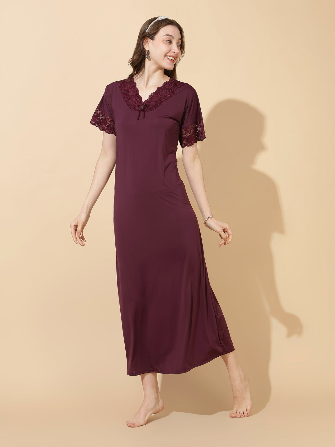 Royal wine malai modal designer lace night dress for women