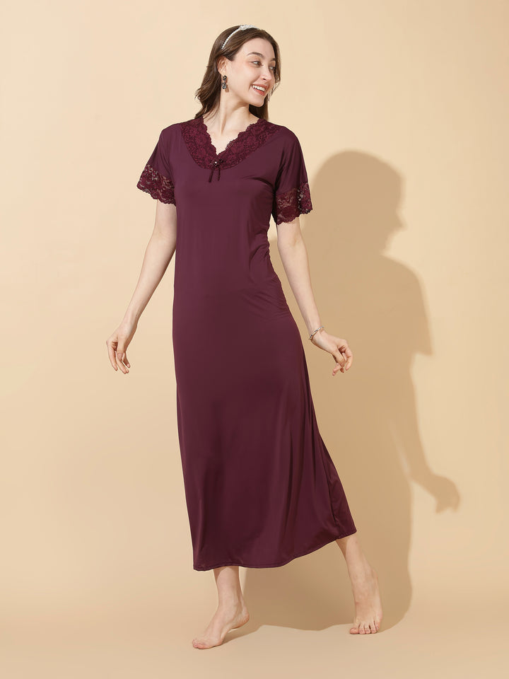 Royal wine malai modal designer lace night dress for women
