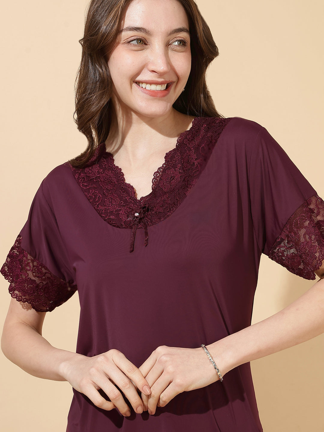 Royal wine malai modal designer lace night dress for women