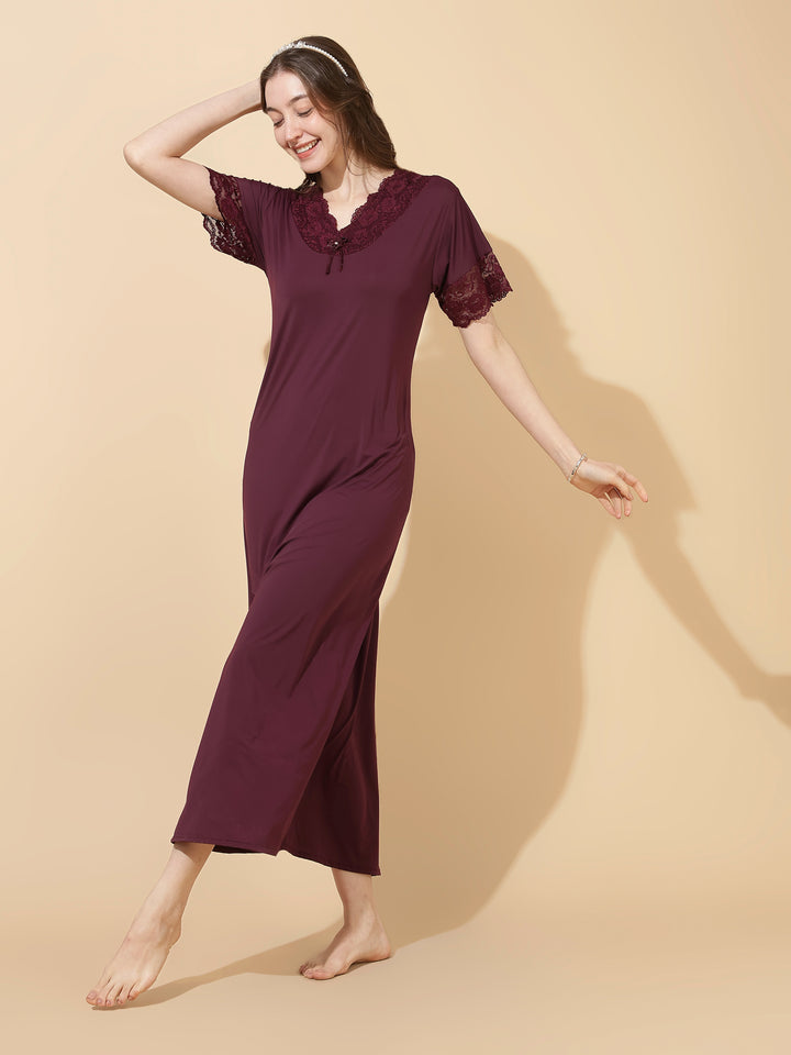 Royal wine malai modal designer lace night dress for women
