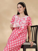Tropica Pink Pure Cotton Floral Kantha Work Nighty