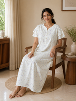 Pastel White Disty Floral Bamboo Feel Crush Cotton Nighty
