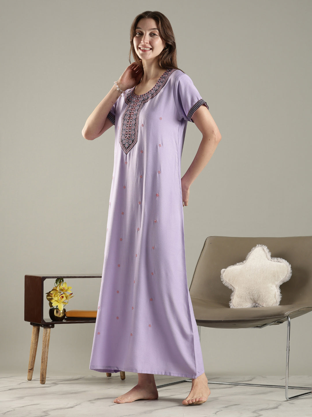 Alpine embroidered A-line lavender cozy nighty for women