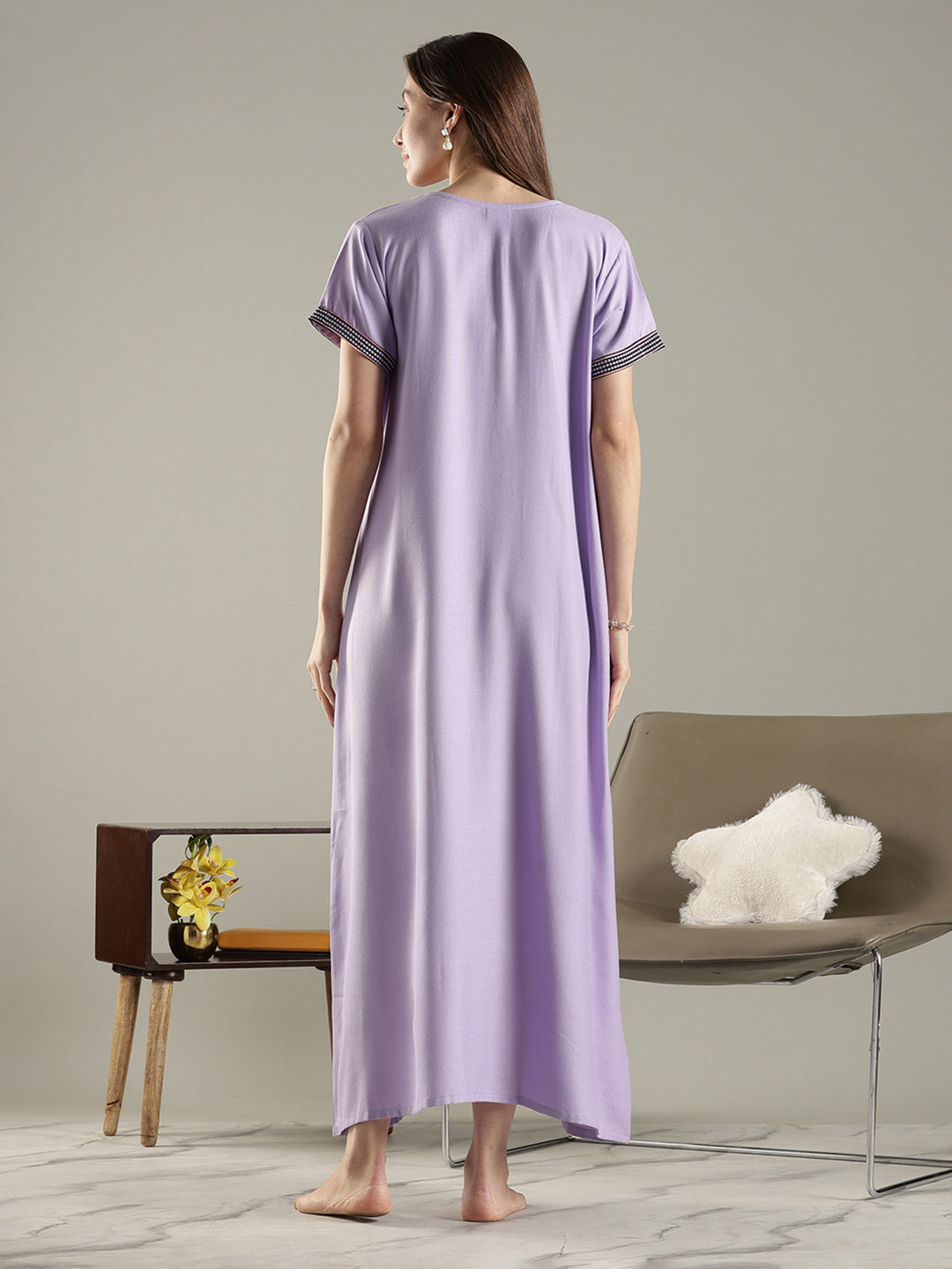 Alpine embroidered A-line lavender cozy nighty for women