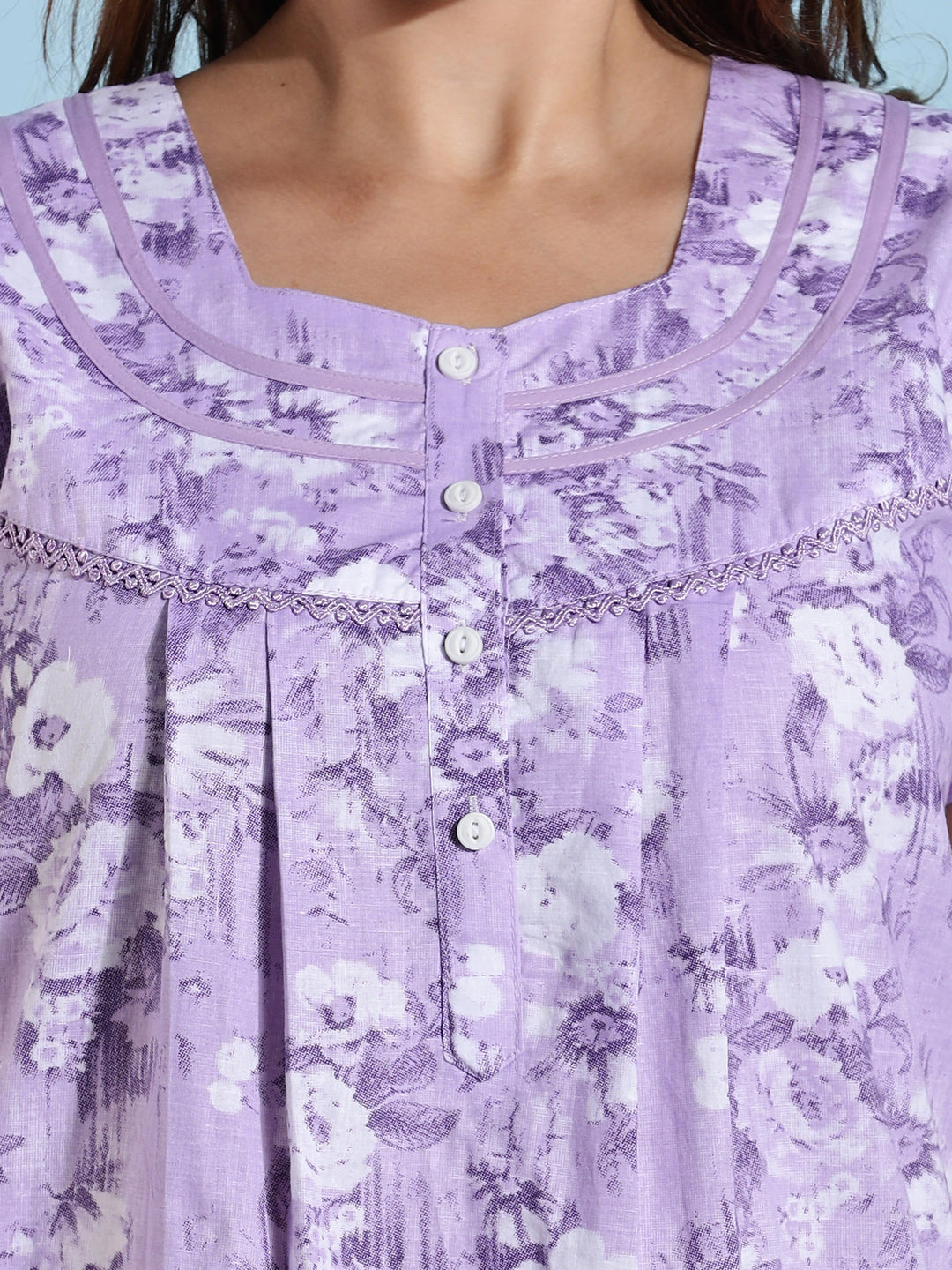 Lavender Pleated Premium Pure Cotton Nighty for Women