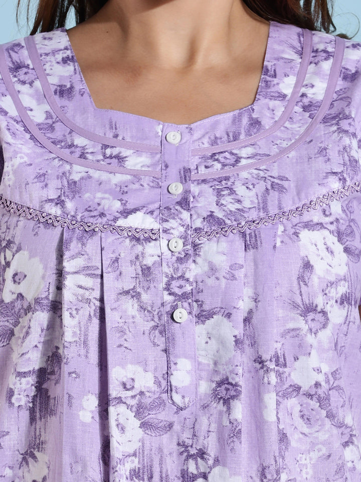 Lavender Pleated Premium Pure Cotton Nighty for Women