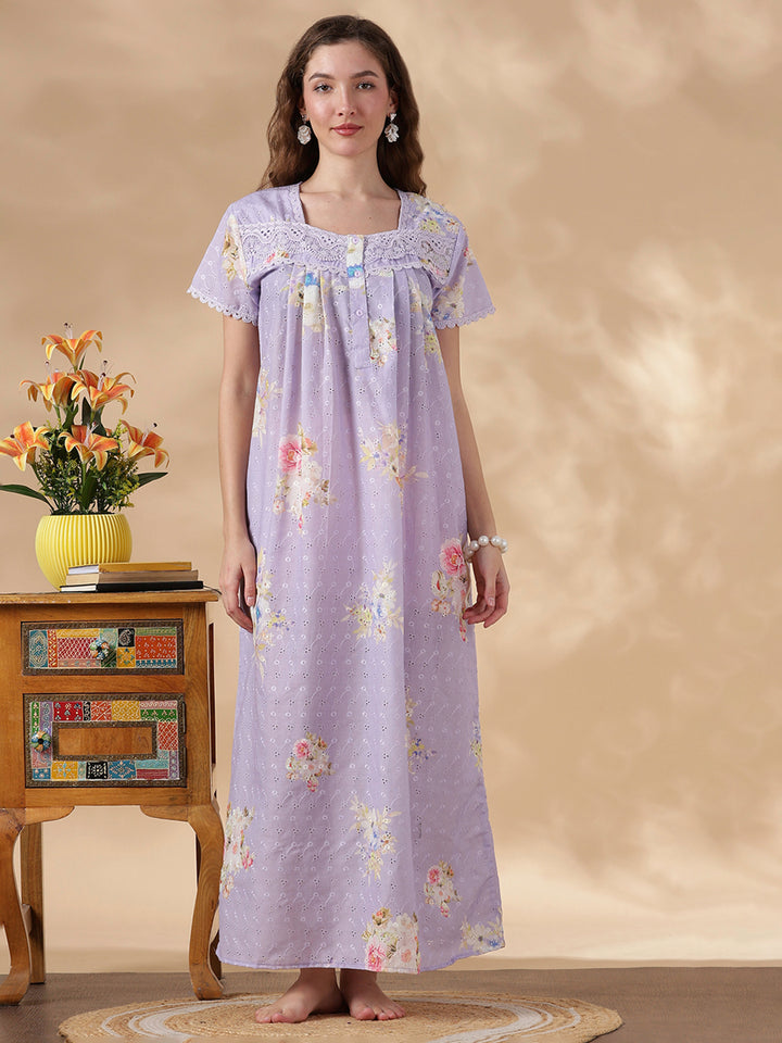 Floral Lavender Pure Cotton Nighty for Women