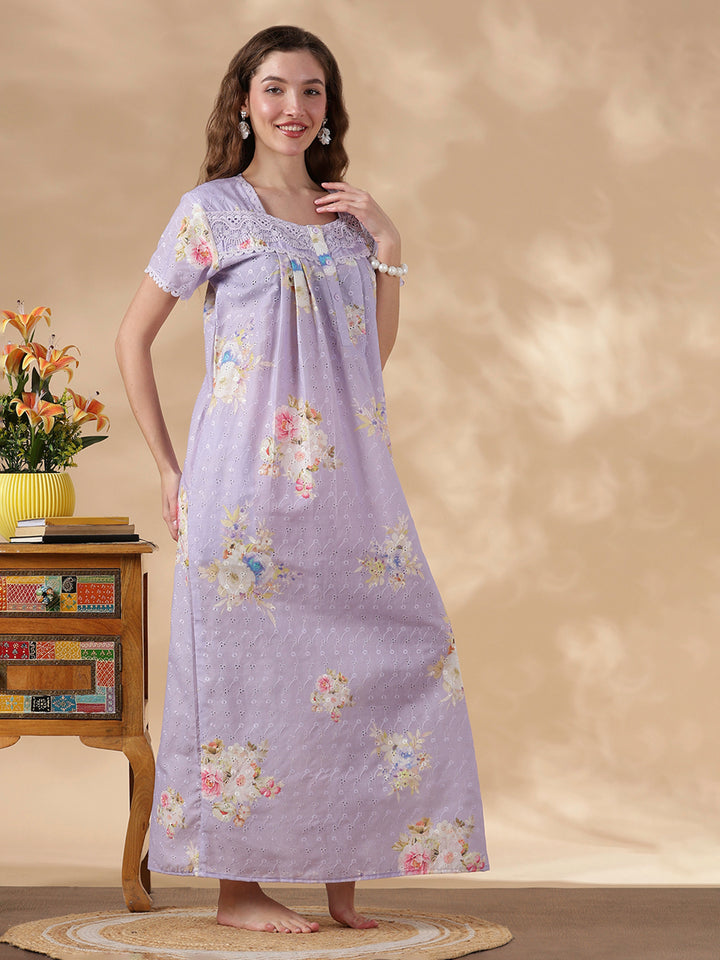 Floral Lavender Pure Cotton Nighty for Women