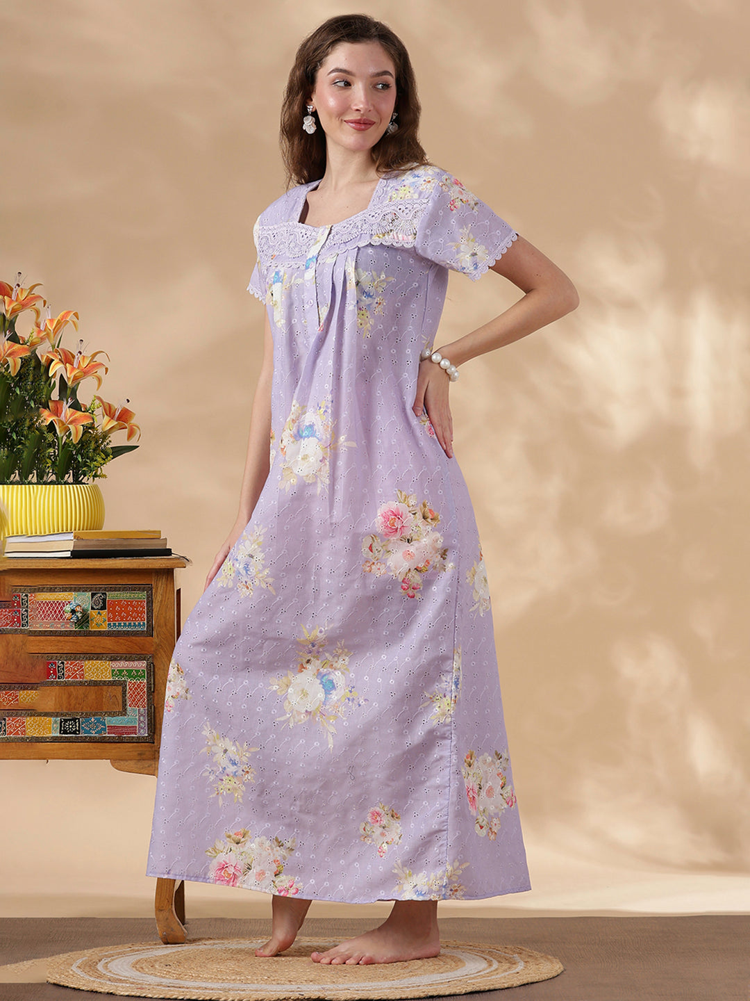 Floral Lavender Pure Cotton Nighty for Women