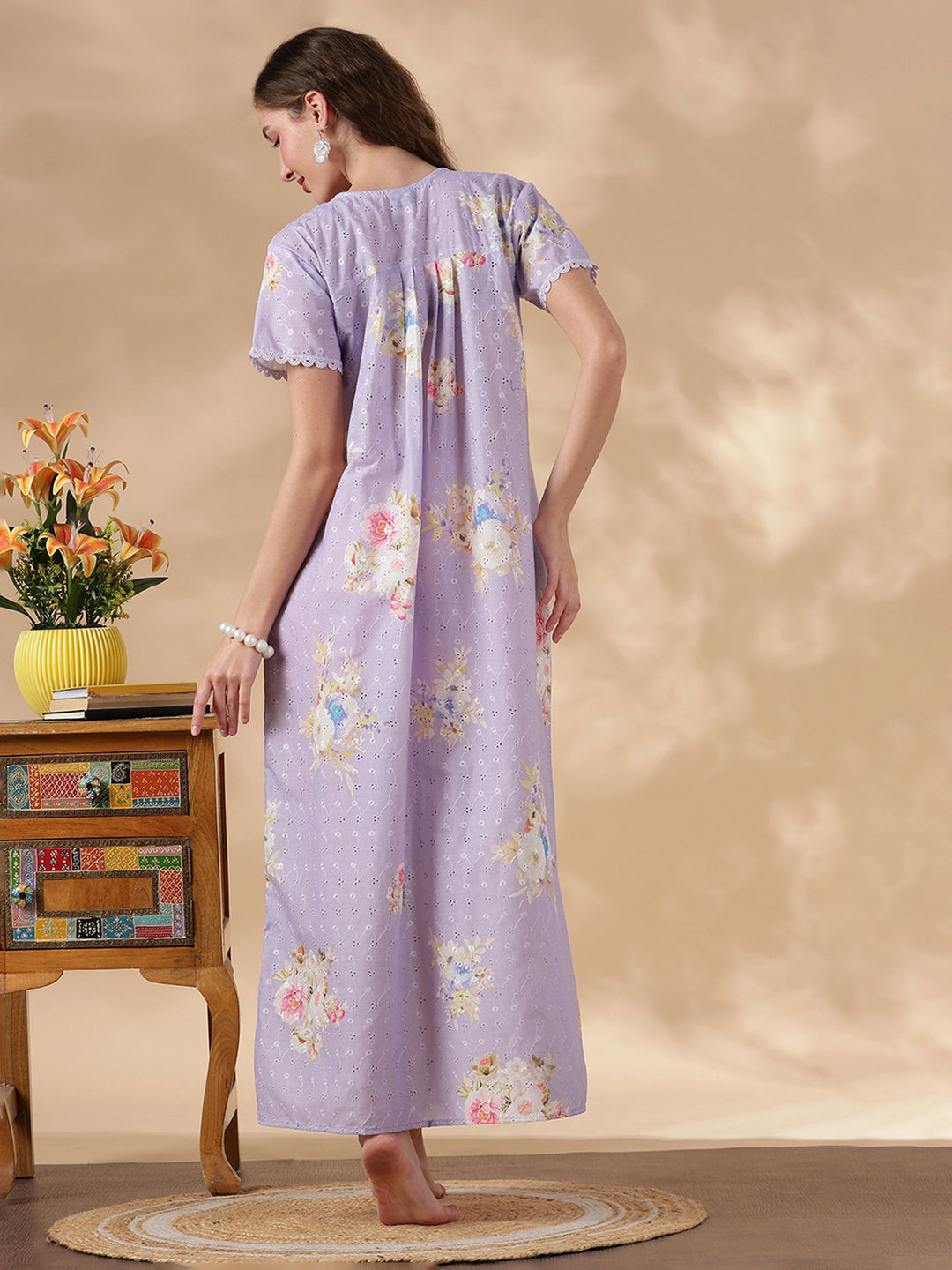 Floral Lavender Pure Cotton Nighty for Women