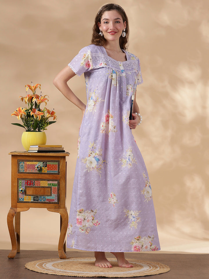 Floral Lavender Pure Cotton Nighty for Women