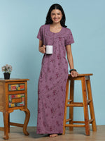 Lavender Cotton Blend Floral Nighty for Women with Pleated Fit